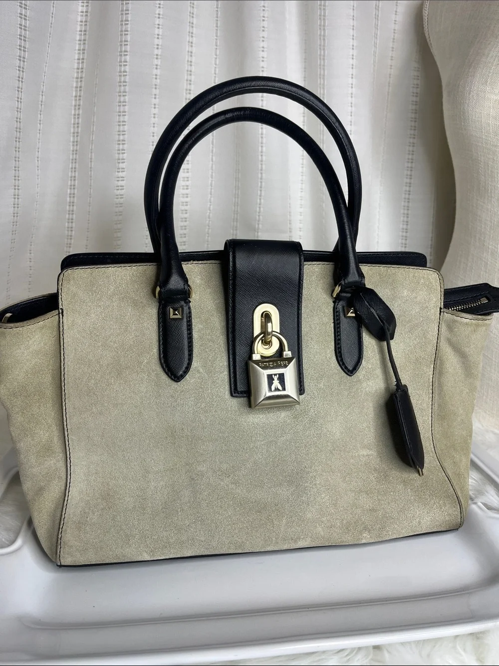 Patrizia Pepe Beige Suede and Black Leather Satchel with Gold Lock